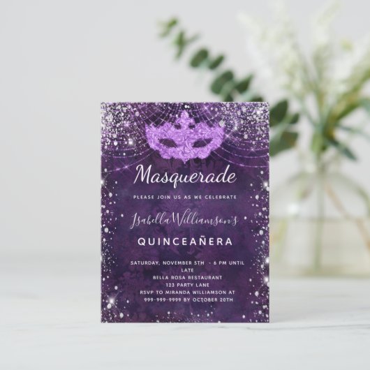 パープルシルバーグリッターの粉キンセアニェラ インビテーションポストカード (スタンド正面)