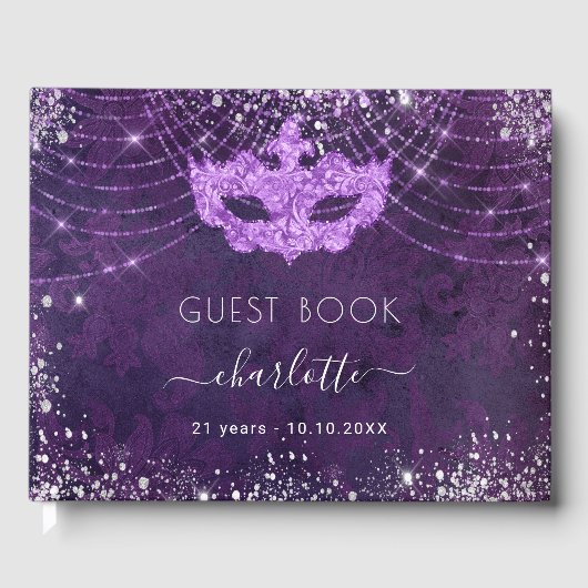パープルシルバーグリッターの誕生日を装う ゲストブック (正面)