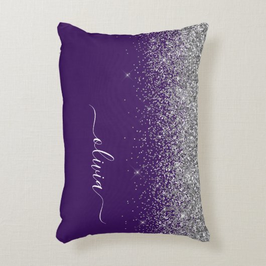 パープルシルバーグリッターガーリーグラムモノグラム アクセントクッション (正面(垂直))