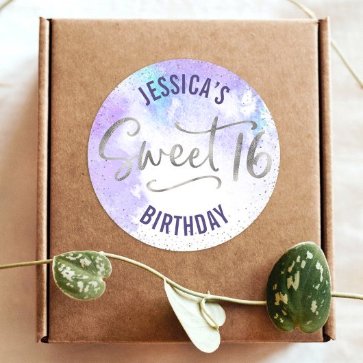 パープルシルバーグリッタースウィート16水彩誕生日 ラウンドシール
