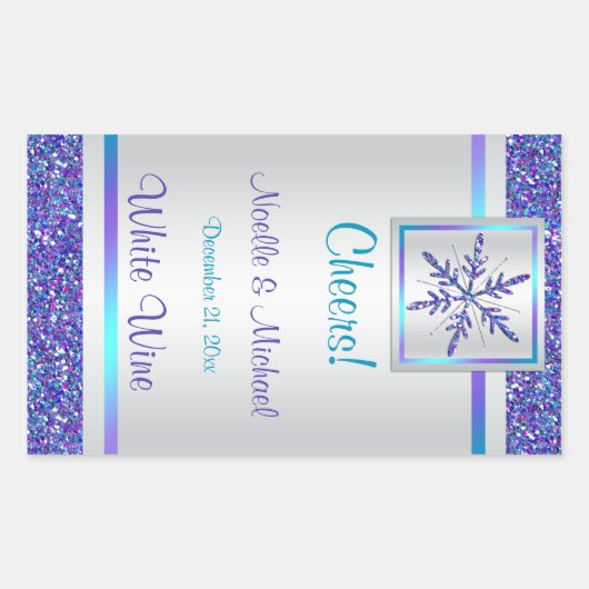 パープルシルバーグリッタースノーフレーク結婚のワインラベル 長方形シール (正面)
