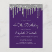 パープルシルバーグリッタードリップス40th誕生日パーティー ポストカード (正面)