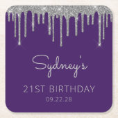 パープルシルバーグリッタードリップ21歳の誕生日パーティー スクエアペーパーコースター (正面)
