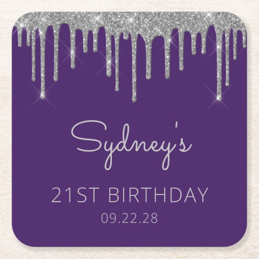 パープルシルバーグリッタードリップ21歳の誕生日パーティー スクエアペーパーコースター (正面)
