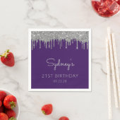 パープルシルバーグリッタードリップ21歳の誕生日パーティー スタンダードカクテルナプキン (インサイチュ)