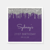 パープルシルバーグリッタードリップ21歳の誕生日パーティー スタンダードカクテルナプキン (正面)