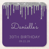 パープルシルバーグリッタードリップ30歳の誕生日パーティー スクエアペーパーコースター (正面)