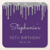 パープルシルバーグリッタードリップ40歳の誕生日パーティー スクエアペーパーコースター (正面)