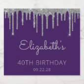 パープルシルバーグリッタードリップ40歳の誕生日パーティー スパークリングワインラベル (シングルラベル)
