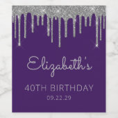 パープルシルバーグリッタードリップ40歳の誕生日パーティー ワインラベル (シングルラベル)