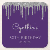 パープルシルバーグリッタードリップ60thバースデーパーティー スクエアペーパーコースター (正面)