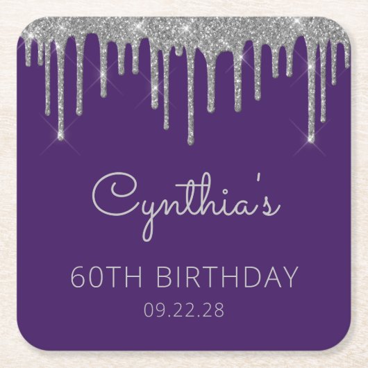パープルシルバーグリッタードリップ60thバースデーパーティー スクエアペーパーコースター (正面)