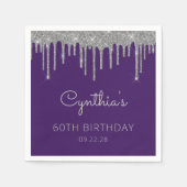 パープルシルバーグリッタードリップ60thバースデーパーティー スタンダードカクテルナプキン (正面)