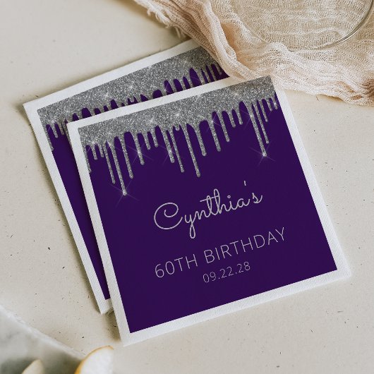 パープルシルバーグリッタードリップ60thバースデーパーティー スタンダードカクテルナプキン