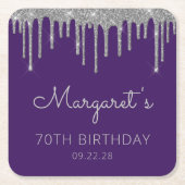 パープルシルバーグリッタードリップ70thバースデーパーティー スクエアペーパーコースター (正面)