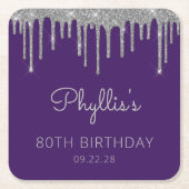パープルシルバーグリッタードリップ80thバースデーパーティー スクエアペーパーコースター (正面)