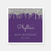 パープルシルバーグリッタードリップ80thバースデーパーティー スタンダードカクテルナプキン (正面)