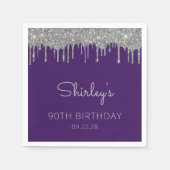 パープルシルバーグリッタードリップ90thバースデーパーティー スタンダードカクテルナプキン (正面)
