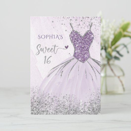 パープルシルバーグリッタードレススウィート16誕生日 招待状 (スタンド正面)