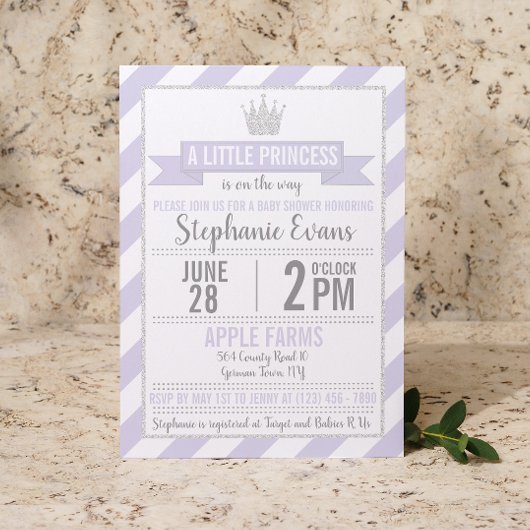 パープルシルバーグリッタープリンセス誕生日招待状 招待状