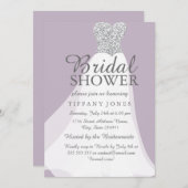 パープルシルバーグリッターホワイトドレスブライダルシャワー 招待状 (正面/裏面)