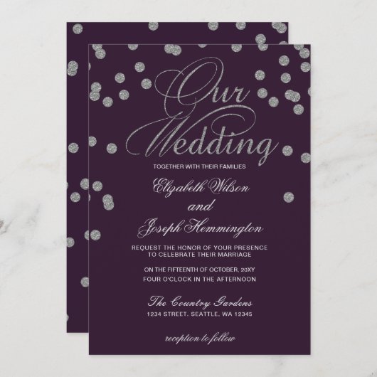 パープルシルバーグリッター紙吹雪エレガントな結婚式 招待状 (正面/裏面)