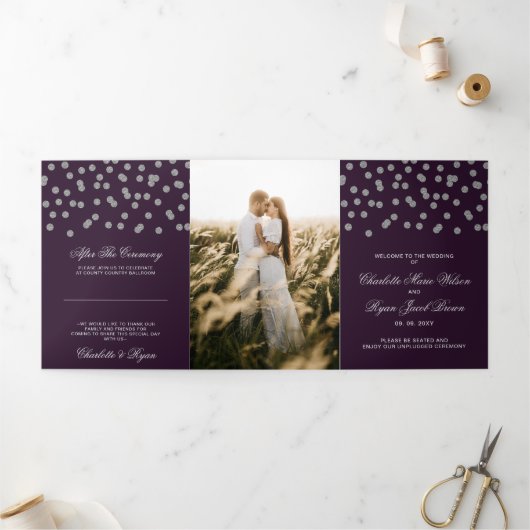 パープルシルバーグリッター紙吹雪結婚写真 三つ折りプログラム (外部)