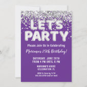 パープルシルバーグリッター誕生日パーティー 招待状 (正面)