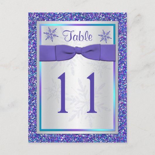 パープルシルバーグリッター雪片テーブルナンバーカード ポストカード (正面)