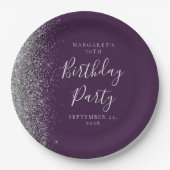 パープルシルバーグリッター70誕生日 ペーパープレート (正面)