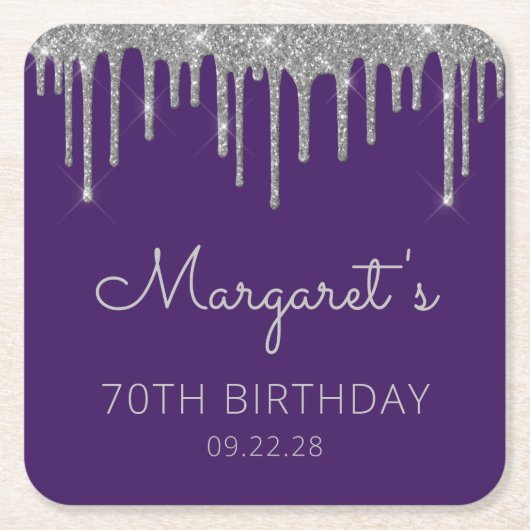 パープルシルバーグリッター ドリップ 70歳の誕生日パーティー スクエアペーパーコースター (正面)