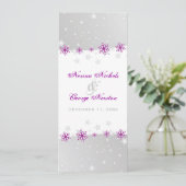 パープルシルバーグレーの雪の結晶 ウェディングプログラムカード 招待状 (スタンド正面)