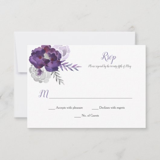 パープルシルバーグレーウォーターバラRSVP 出欠カード (正面)