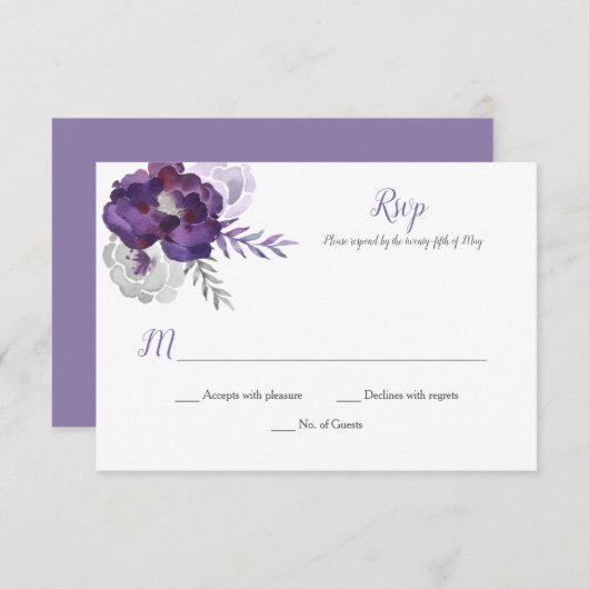 パープルシルバーグレーウォーターバラRSVP 出欠カード (正面/裏面)