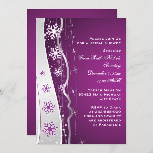 パープルシルバーグースノーフレー結婚クブライダルシャワー 招待状 (正面/裏面)