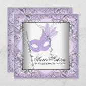 パープルシルバースウィート16マスカレードパーティー 招待状 (正面/裏面)