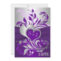 パープルシルバースクロール、ハート結婚式招待状