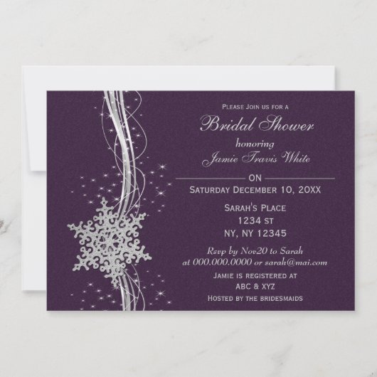 パープルシルバースノーフレークウィンターブライダルシャワー 招待状 (正面)