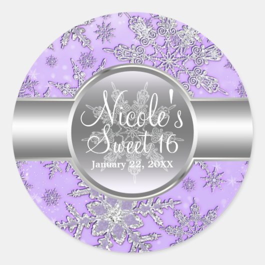 パープルシルバースノーフレークスウィンターワンダーランドパーティー ラウンドシール (正面)