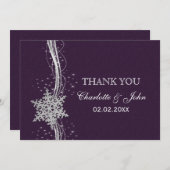 パープルシルバースノーフレーク冬の結婚式ありがとう 招待状 (正面/裏面)