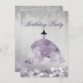 パープルシルバースパークルドレス 誕生日パーティー招待状 招待状 (正面/裏面)