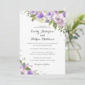 パープルシルバースパークルフローラ結婚式招待状 招待状 (スタンド正面)