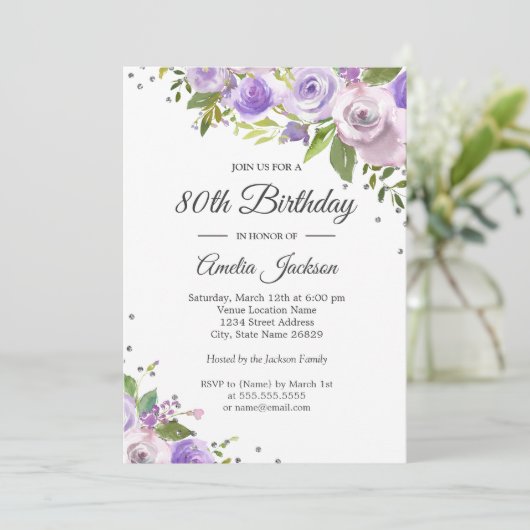 パープルシルバースパークルフローラ80th誕生日招待状 招待状 (スタンド正面)