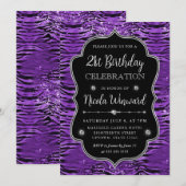 パープルシルバータイガーストライプグリッターフレーム誕生日 招待状 (正面/裏面)
