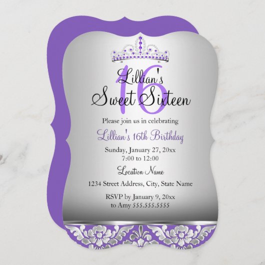 パープルシルバーダマスク&ティアラスウィート16招待状 招待状 (正面/裏面)