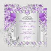 パープルシルバーティアラハイヒールパール誕生日 招待状 (正面/裏面)