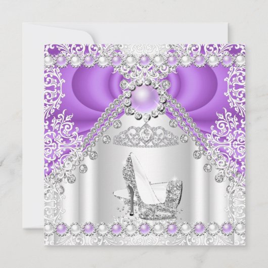パープルシルバーティアラハイヒールパール誕生日 招待状 (裏面)