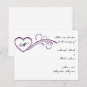 パープルシルバーハートスクロールモノグラム日付を保存 セーブザデート (正面/裏面)