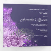 パープルシルバーバラフローラフォト女性誕生日 三つ折り招待状 (内部最初)