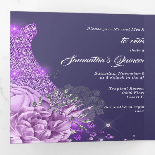 パープルシルバーバラフローラフォト女性誕生日 三つ折り招待状 (内部最初)